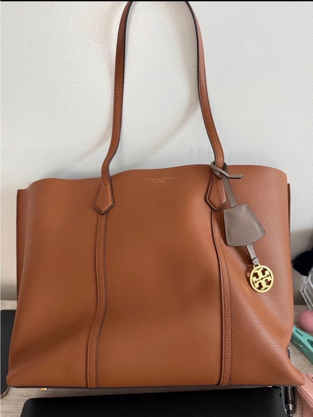 Tory Burch Cognac Leather Tote with Logo Charm